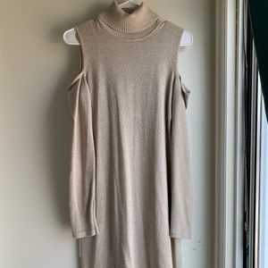 Gold off-shoulder turtleneck dress